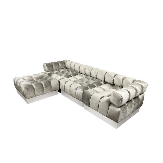 This graphic and stunning Mid-Century Harvey Probber 4-Piece Deep Tufted Modular Sofa in Platinum Velvet originated in the...