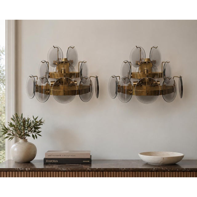 Glass 1970 Vistosi Murano Wall Light Smoked Disc - Set of 2 For Sale - Image 7 of 11