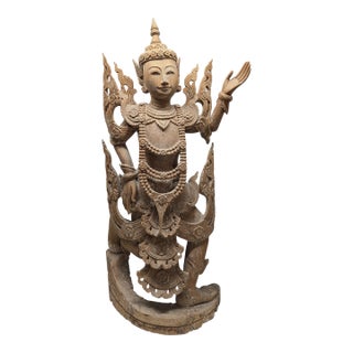 Late 19th Century Large Burmese Nat Spiritual Carved Teak Wood Figure For Sale