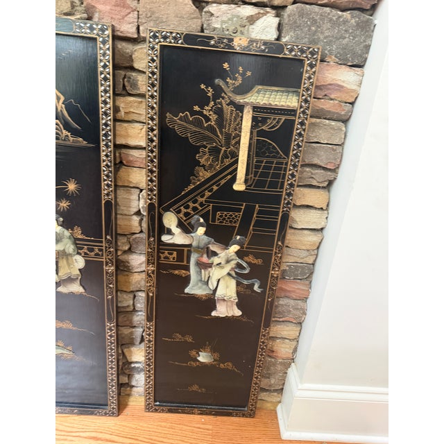 1960s Vintage Chinese Black Lacquer 4-Panel Folding Screen Room Divider - Soapstone & Mother-of-Pearl Inlay For Sale - Image 5 of 18