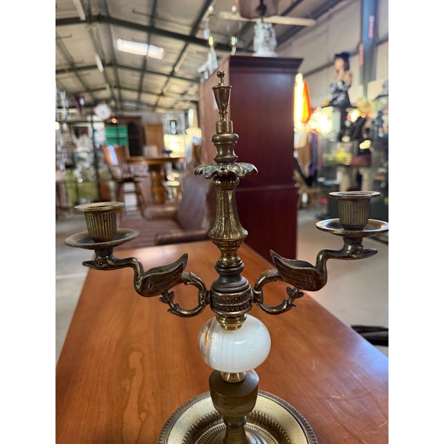 Late 19th Century Antique French Empire Brass & Marble Candle Candelabra 16in For Sale - Image 5 of 6