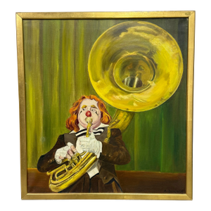 Late 20th Century Alexander Borisoff “Sascha” Framed Clown Oil on Canvas Playing Tuba Painting
