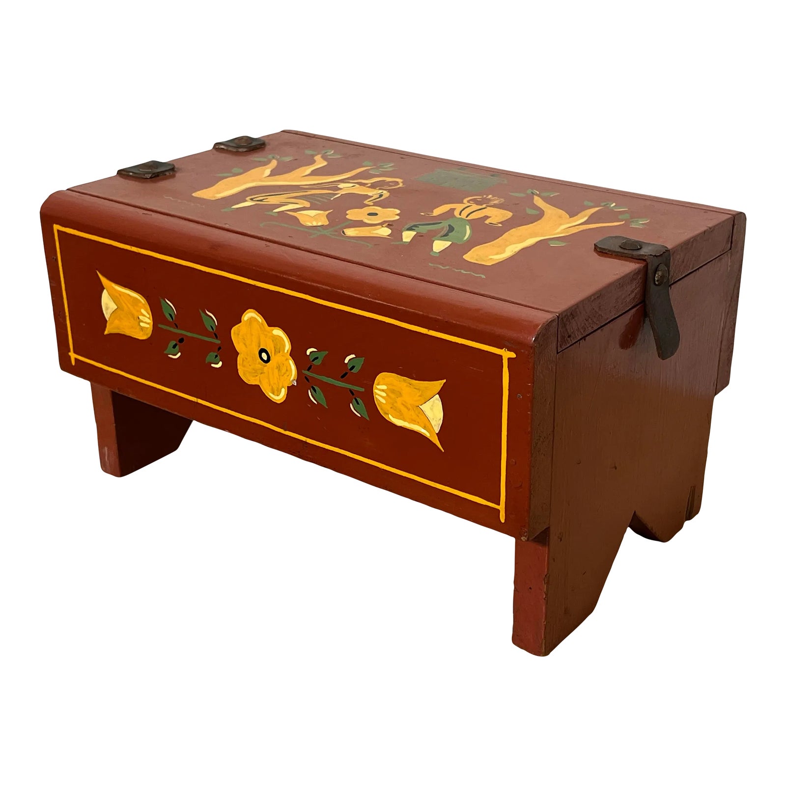 C. 1940s Folk Art Hand Painted Trinket Box in the Style of Peter Hunt ...