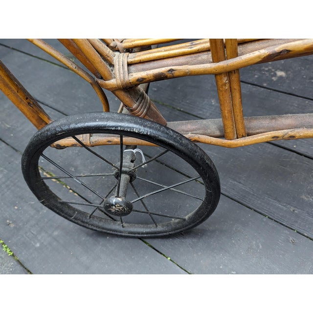 1930s 1930s Stick Wicker/Reed Chaise With 2 Wheels Cushion Included For Sale - Image 5 of 8