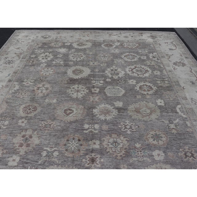 Gray Large Turkish Oushak Rug in Soft Gray, Ivory, and Taupe With Floral Motifs For Sale - Image 8 of 16