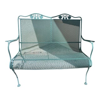 Vintage Floral Green Metal Garden Bench For Sale