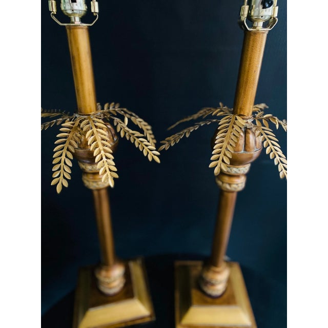 Wood Pair of MidCentury Chinese Gold Tole Palm Tree Table Lamps For Sale - Image 7 of 9
