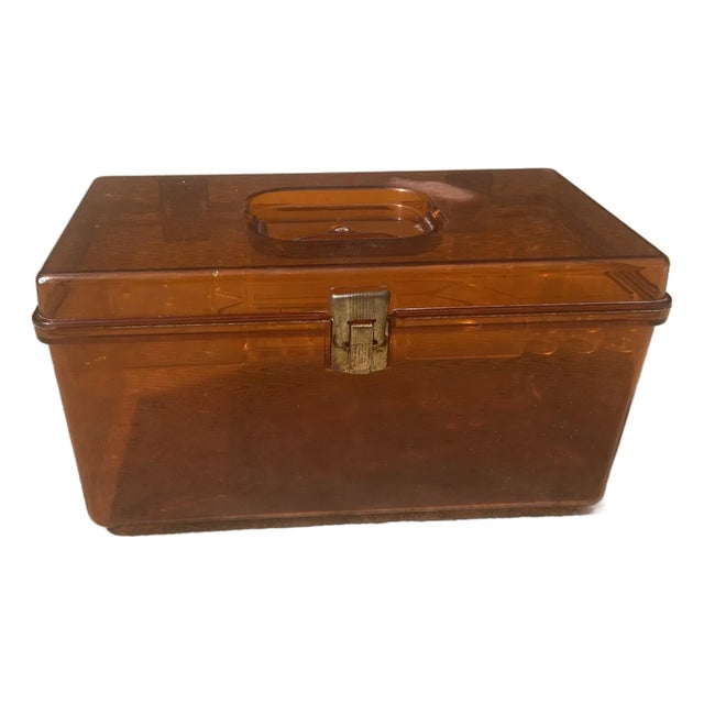 Vintage Mid-Century Modern Burnt Orange Wil-Hold Acrylic 1960s Portable Sewing Box Storage, Brass Closure Sewing Kit For Sale