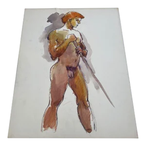 Vintage Nude Abstract Portrait Painting on Paper, Double-Sided