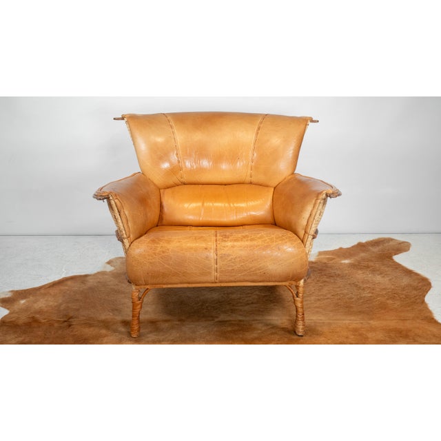 Mid-Century Modern Pacific Green 'Navajo' Cognac Leather & Rattan Lounge Chair For Sale - Image 3 of 18