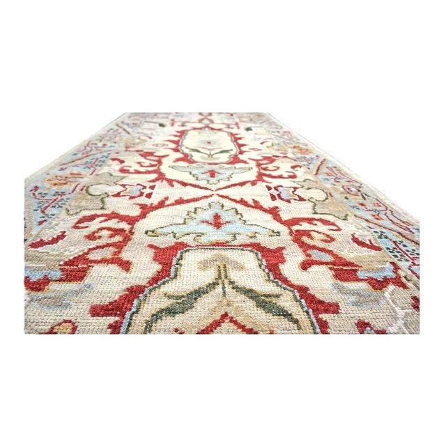21st Century Afghan Sultanabad 3x10 Tan, Red & Light Blue Handmade Runner Rug #1144042 For Sale - Image 4 of 6
