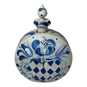 Late 19th Century European Folk Art Delft Style Blue White Floral Painted Wood Perfume Flask Bottle