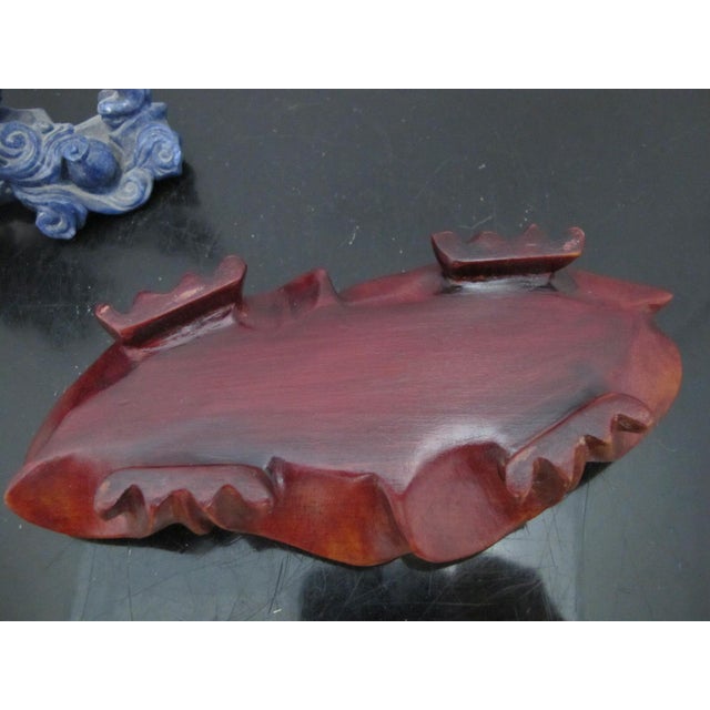 Blue Chinese Carved Lapis Lazuli 2 Foo Dog Playing Figurine on Wood Stand For Sale - Image 8 of 12