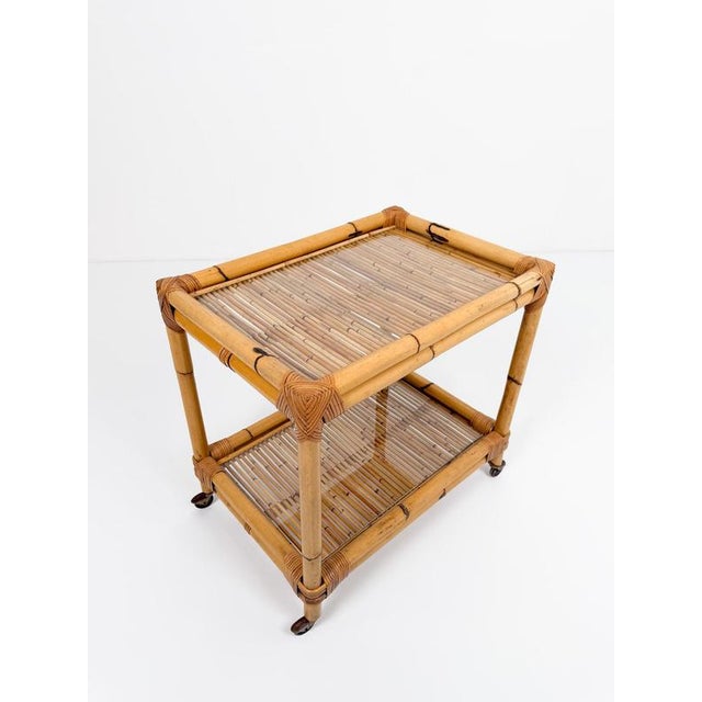 Mid-Century Modern Italian Bamboo Cane and Rattan Bar Cart, 1970s For Sale - Image 10 of 18