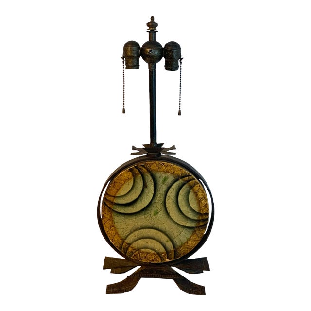 Early 20th Century Art Deco Polychromed Lacquered & Iron Lamp, Labelled Beardsley Studios For Sale