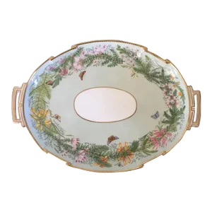Large Antique 19th Century Limoges Paris Porcelain Handled Tray Platter with Butterflies & Flowers