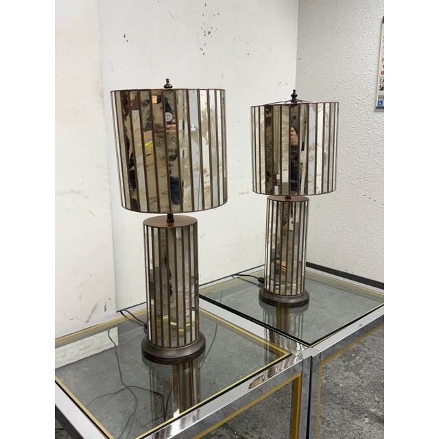 Ken Fulk Art Deco Inspired Antiqued Mirrored + Bronze-Tone Metal Table Lamps, Pair For Sale - Image 4 of 12