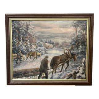 20th Century European School Oil on Canvas by Polish Artist Edward Mesjasz (1929-2007) Depicting Winter Horses Hauling Woods For Sale