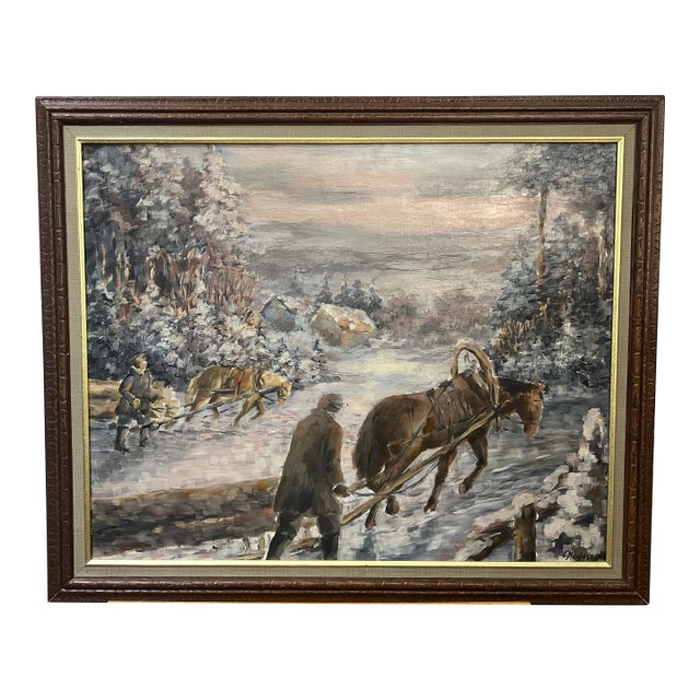 20th Century European School Oil on Canvas by Polish Artist Edward Mesjasz (1929-2007) Depicting Winter Horses Hauling Woods For Sale