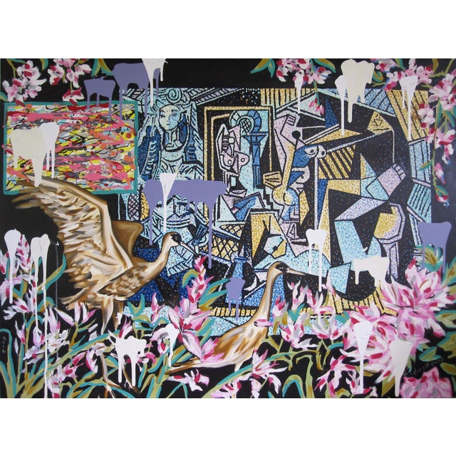 Modern Gallery by Louis Recchia | Oil on canvas Abstract scene with birds and colorful patterns. For Sale