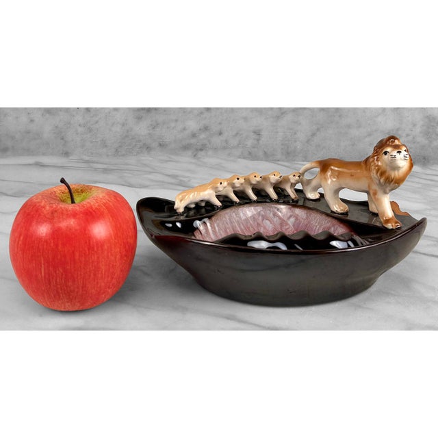 - Original Mid-Century Atomic Ashtray - Drip Glazed Ceramic with Pink & Brown Ribbed Hull - Unusual Lion & Following Cubs...