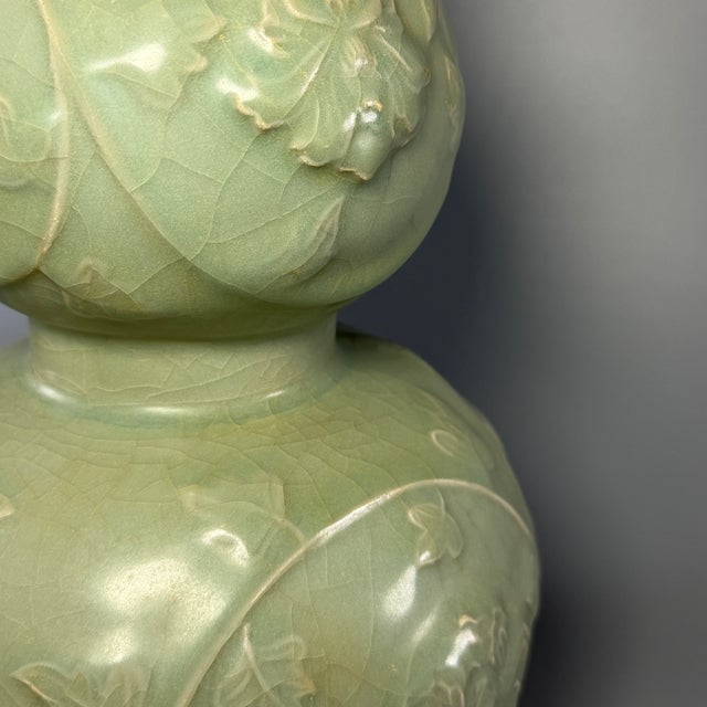 19th Century Antique Chinese Longquan Celadon Relief Gourd Vase For Sale - Image 5 of 8