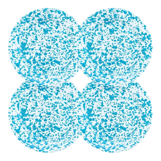 Crow Canyon Home Splatterware, 8" Flat Salad Plates in Turquoise & White - Set of 4 For Sale