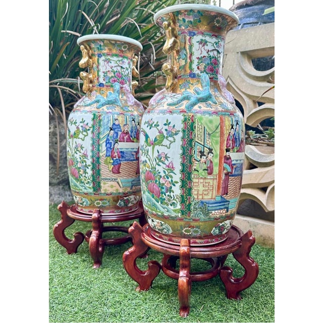 Pair of Large Antique Famille Rose Medallion Chinese Vases With Rosewood Stands For Sale In San Diego - Image 6 of 18