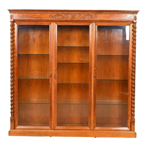 R. J. Horner Style Antique Victorian Carved Oak Lighted Triple Bookcase or Display Cabinet, Circa 1890s