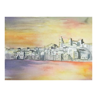 Late 20th Century Surreal Coastal Town at Sunset Watercolor Painting For Sale