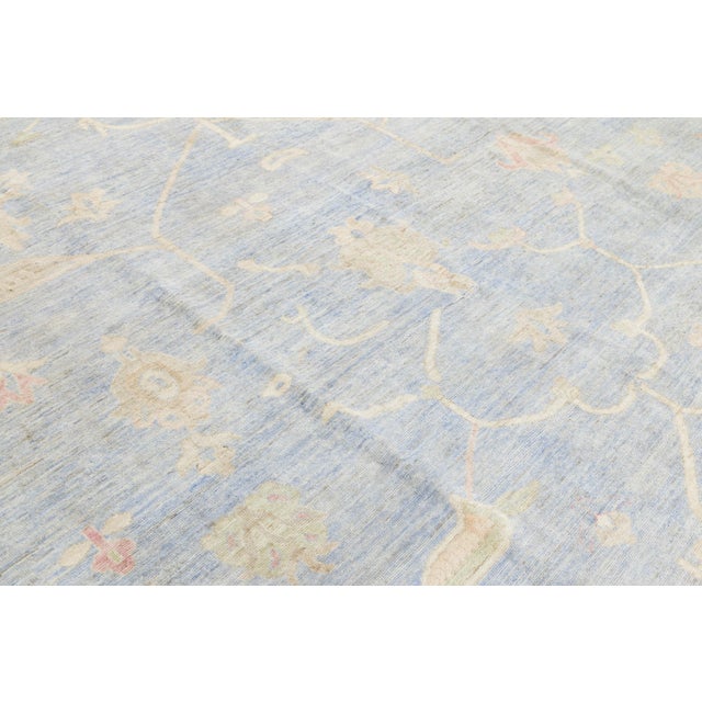 Modern Oushak Style Area Rug – Hand-Knotted Wool – Muted Blue, Soft Peach & Sand For Sale - Image 10 of 11