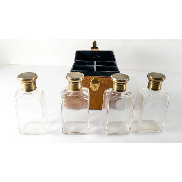 Metal Early 20th Century Victorian Set of 4 Sterling Silver and Glass Perfume Scent Flasks in Leather Case For Sale - Image 7 of 12