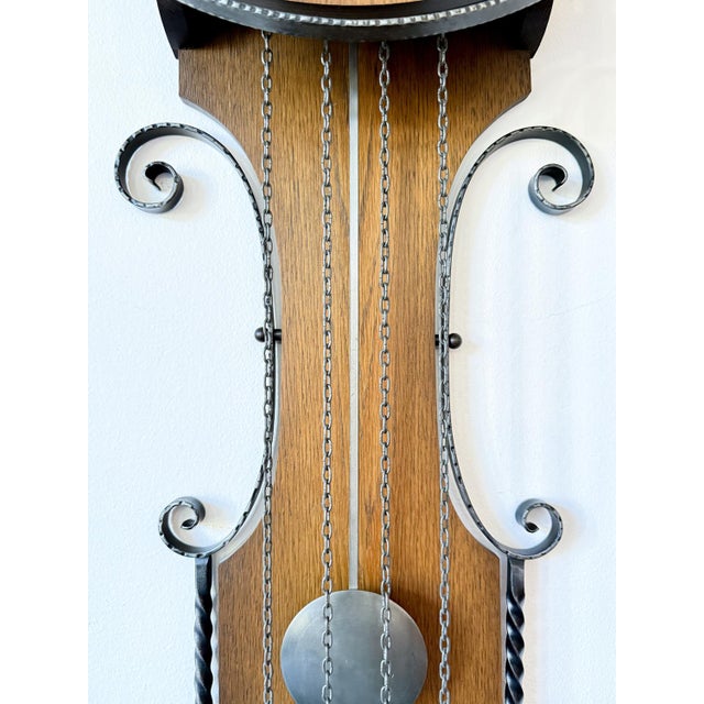 Black Vintage Hermle Wall Clock with Oak Case and Forged Metal Frame, 1960s For Sale - Image 8 of 12