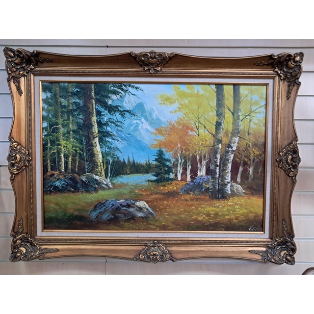 Large Vintage Woodland River Mountain Landscape, Oil Painting on Canvas, Gold Frame, Signed, 1980s For Sale - Image 12 of 18