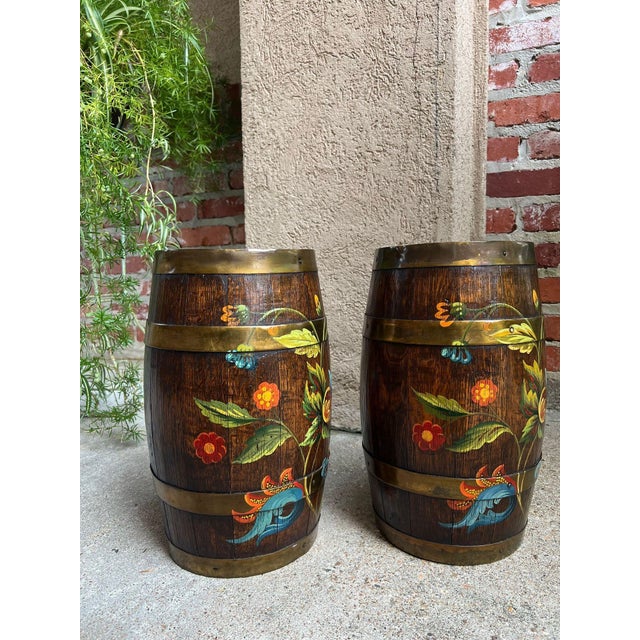 English Pair Set Antique English Oak Barrel Jardinière Planter Rosemaling Hand Painted For Sale - Image 3 of 18