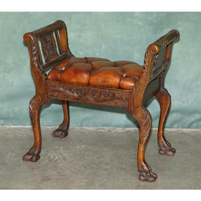 Fully restored late victorian carved mahogany leather window seat duet stool circa 1890 p a superb and highly decorative...