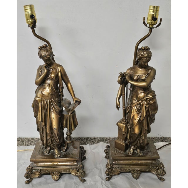 Figurative Dumaige Attributed Figural Bronzed Spelter Sculptures Mounted as Lamps - A Pair For Sale - Image 3 of 13