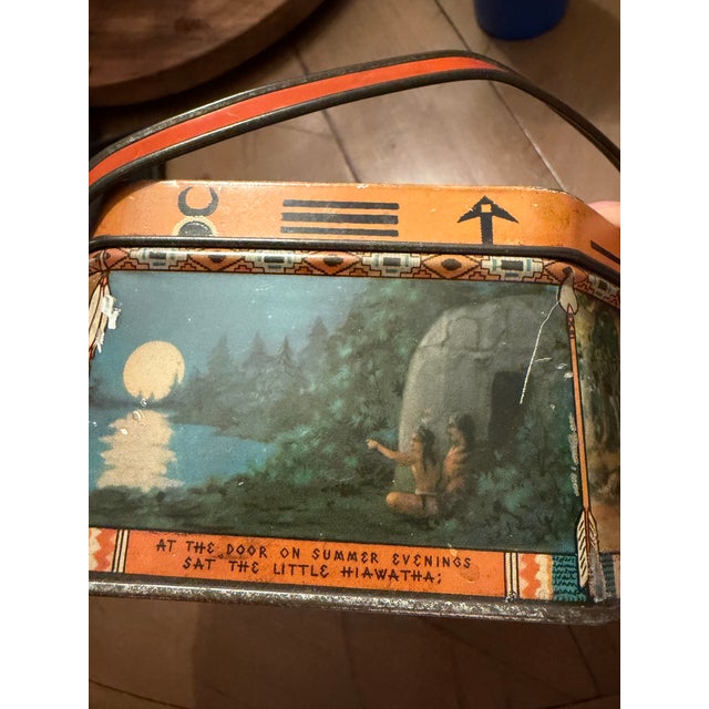 Metal 1930s Loose-Wiles Hiawatha’s Wedding Journey Lithographed Biscuit Tin For Sale - Image 7 of 10