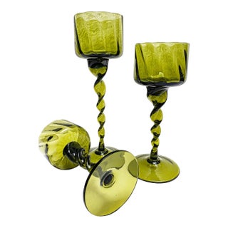 Midcentury Set of Three Green Glass Candleholders For Sale