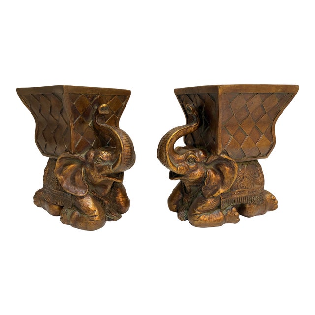 Vintage Hollywood Regency Elephant Cachepot Pair in Antiqued Gold For Sale