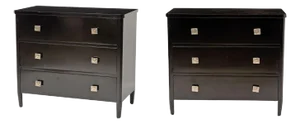 Pair of Black Lacquer Three Drawer Chests With Silvered Square Knobs
