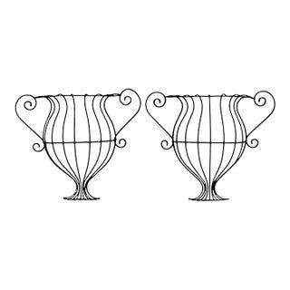 Antique Large Neoclassical Style Wrought Iron Urn Form Demilune Wall Planters, Pair For Sale