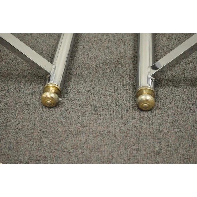 Silver Mid Century Modern Hollywood Regency Chrome Brass Glass X Form Side Table - Pair For Sale - Image 8 of 12