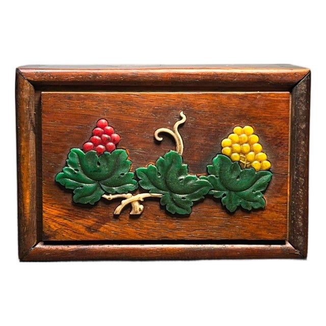 Carved Hardwood Sliding Box With Bone Inlay — Botanical Leaf & Berry Motif For Sale