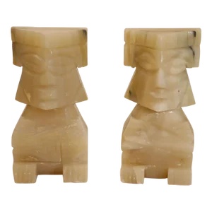 Vintage Carved Mexican Aztec Mayan Figure Onyx Stone Bookends 1950s