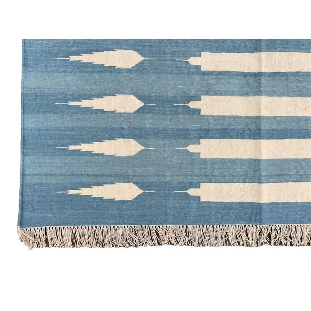 Handmade Cotton Flat Weave Area Rug, Sky Blue and White Striped Dhurrie - 10'x14' For Sale - Image 11 of 14