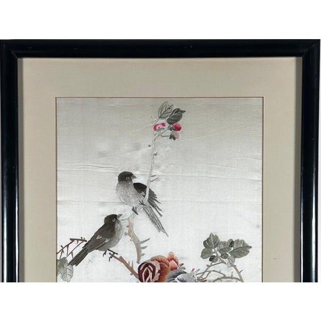 Ivory Vintage Framed Chinese Silk Embroidery Panels Birds and Flowers Huaniao Art Pair For Sale - Image 8 of 11