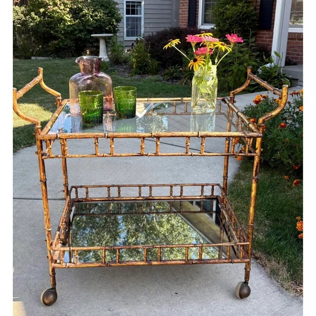 Mid-Century Modern Vintage Mid-Century Faux Bamboo Bar Cart | Hollywood Regency Gilt Metal & Glass Serving Trolley | Maison Baguès Style For Sale - Image 3 of 10