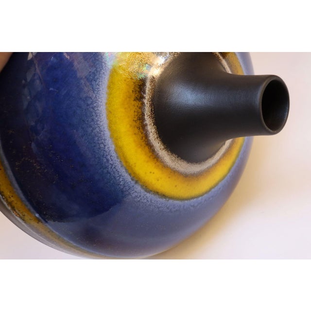 1970s Vintage Italian Oversized Ceramic Vase With Blue and Yellow Glazed Banding For Sale - Image 5 of 12