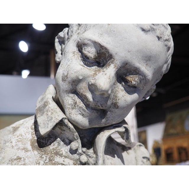 White Signed Antique French Plaster Sculpture, a Renaissance Boy and His Dog, C. 1880 For Sale - Image 8 of 18